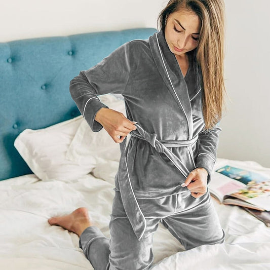 JuliaFashion - 2024 Velvet Warm Solid Pocket Long Sleeves Nightgown
