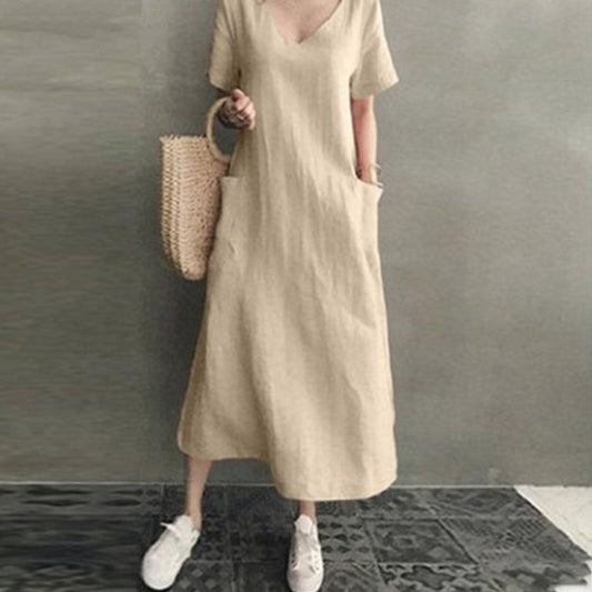 JuliaFashion - 2024 Summer Casual Linen Pocket Maxi Dress