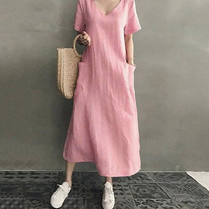 JuliaFashion - 2024 Summer Casual Linen Pocket Maxi Dress