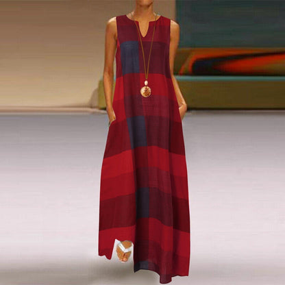 JuliaFashion-Elegant V-Neck Plaid Print Maxi Dress