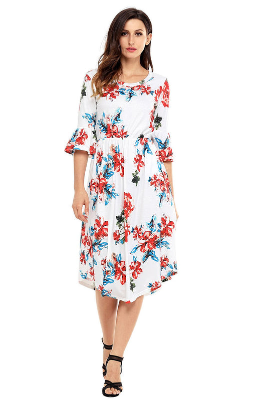 JuliaFashion-Find Me Floral Print Bell Sleeve Midi Dress