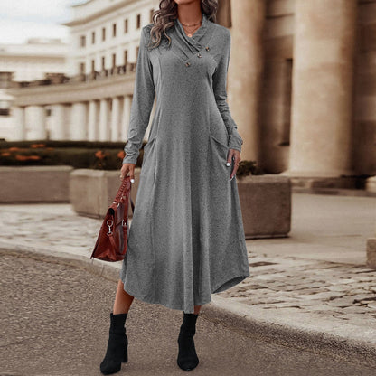 JuliaFashion-Elegant Lapel Slim Solid Pockets Midi Dress