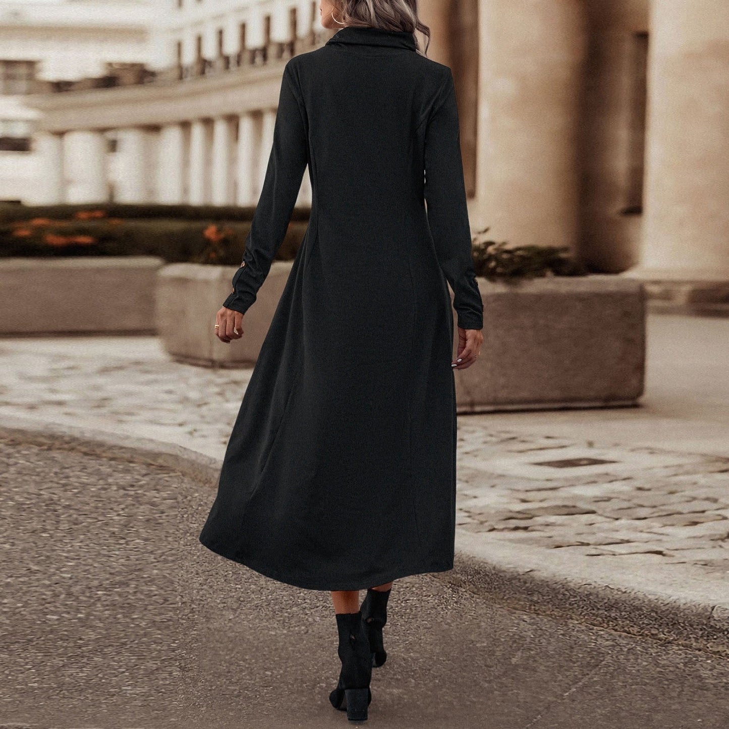JuliaFashion-Elegant Lapel Slim Solid Pockets Midi Dress