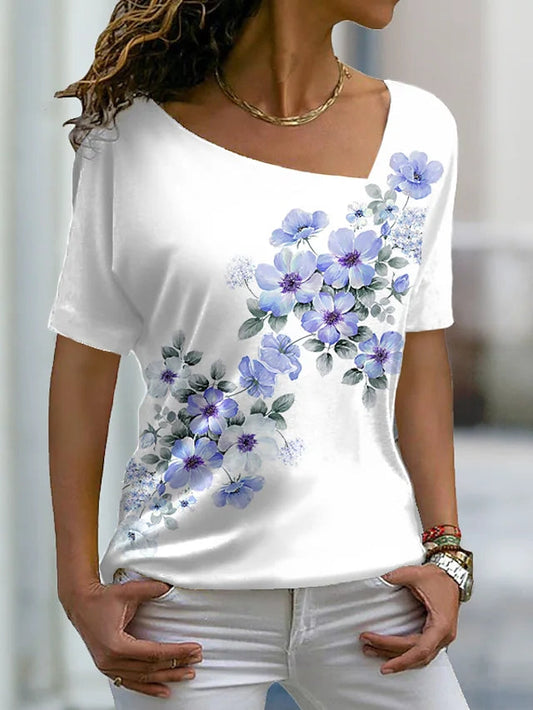 JuliaFashion - 2024 Women Floral Painting Short Sleeve Print V-Neck Tops