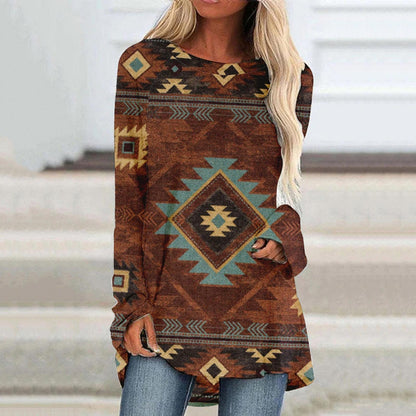 JuliaFashion - 2024 Women Casual Round Neck Shirt Long Sleeve Ethnic Print Blouse