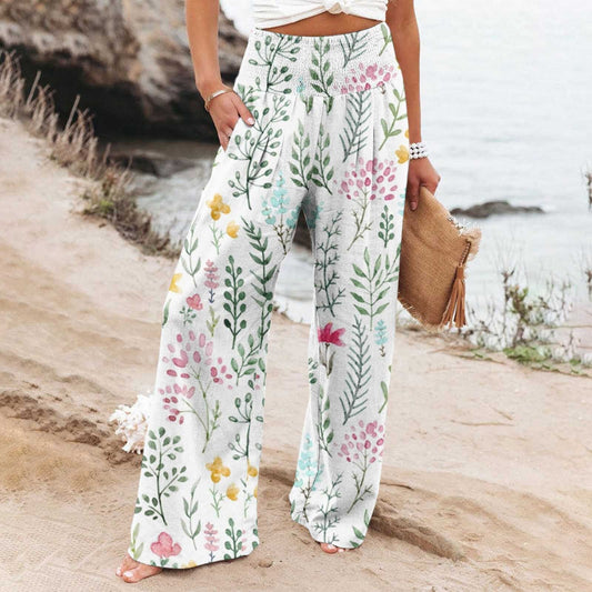 JuliaFashion-Floral Print Cotton Linen Wide Leg Pants