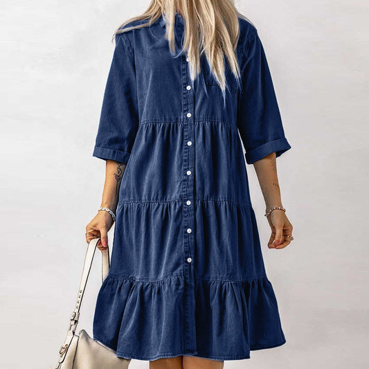 JuliaFashion-Classic Blue Denim Midi Dress