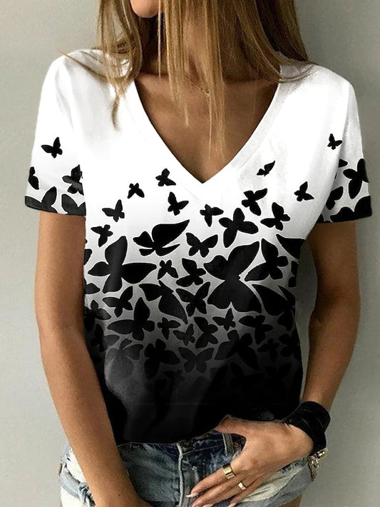 JuliaFashion - 2024 Women Sumerm Casual Drawing Butterfly Print V-Neck T-Shirt