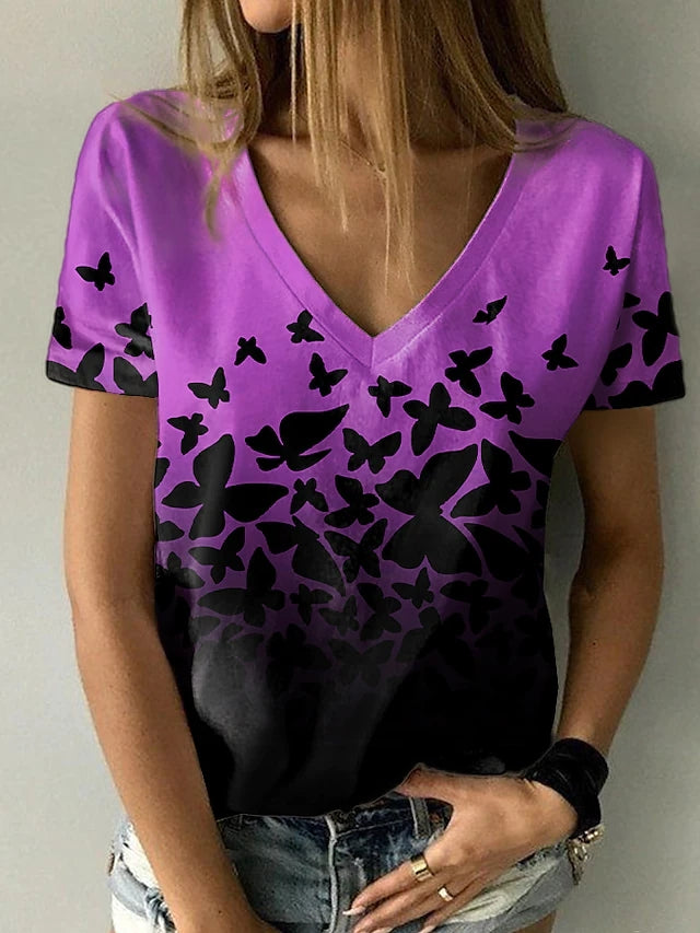 JuliaFashion - 2024 Women Sumerm Casual Drawing Butterfly Print V-Neck T-Shirt
