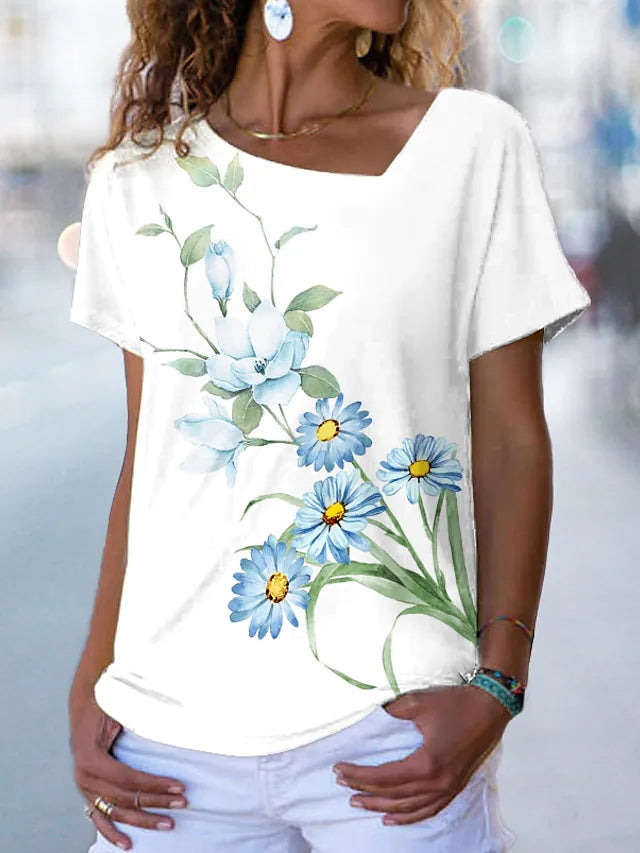 JuliaFashion - 2024 Women Colorblock Short Sleeve Floral Painting T-Shirt