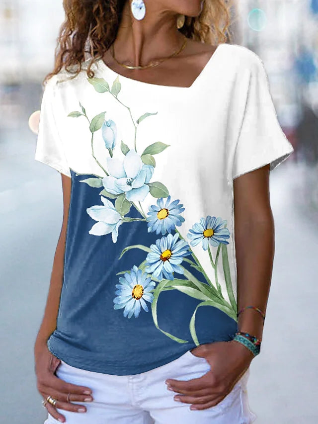 JuliaFashion - 2024 Women Colorblock Short Sleeve Floral Painting T-Shirt