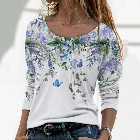 JuliaFashion-Women T Shirt Flower Scenery Painting Long Sleeve Print Tops
