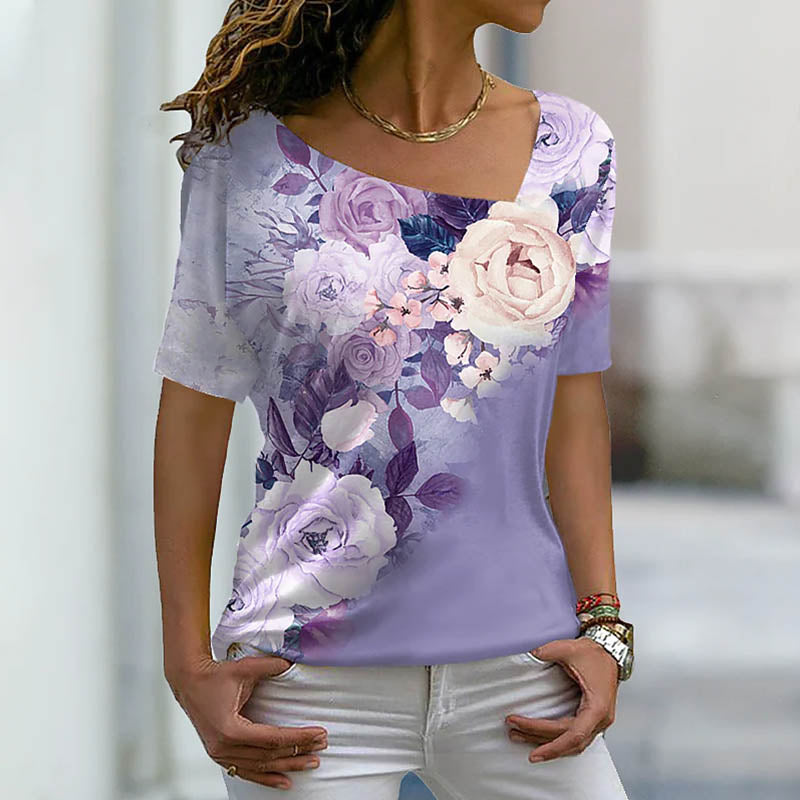JuliaFashion - 2024 Women's 3D Print Floral Print V Neck Basic Tops