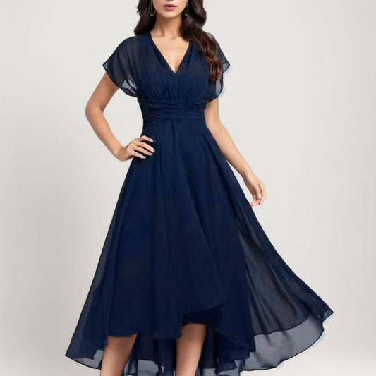 JuliaFashion-Elegant V Neck Chiffon Long Sleeve Maxi Dress