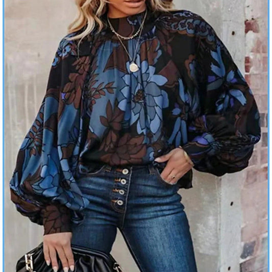 JuliaFashion - 2024 Women's Floral Print Lantern Sleeve Blouse Shirt Tops