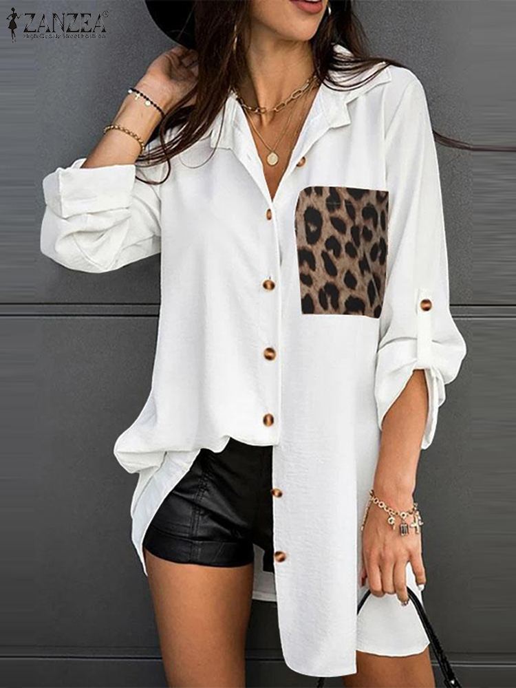JuliaFashion - 2024 Women's Patchwork Leopard Shirts Long Sleeve Tunic