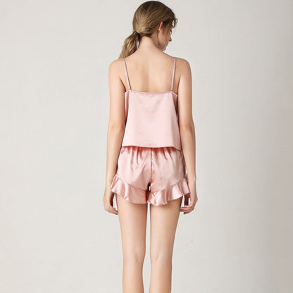 JuliaFashion - 2024 Silk Satin Ruffled Cami Shorts Pajamas Set