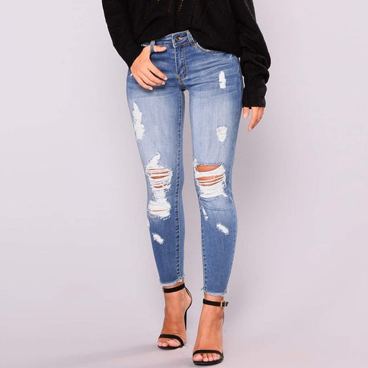 JuliaFashion - 2024 Women's Stretchy Ripped Jeans Butt Lifting Distressed Denim Pants with Pockets Destroyed Pencil Jean