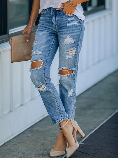JuliaFashion - 2024 Women's Mid-Rise Jeans Ripped Street Denim Trousers