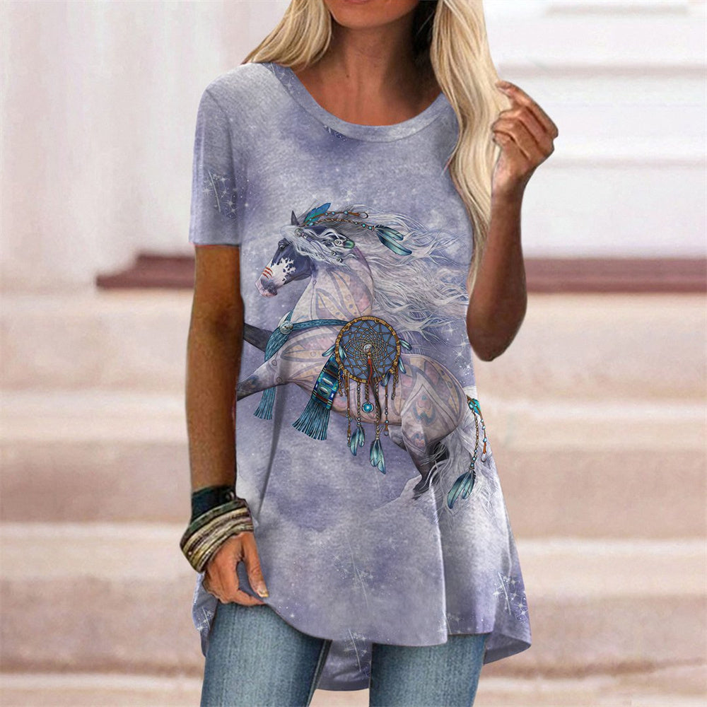 JuliaFashion - 2024 Womens Fashion Abstract Print Short Sleeves Round Neck T-Shirts Tops