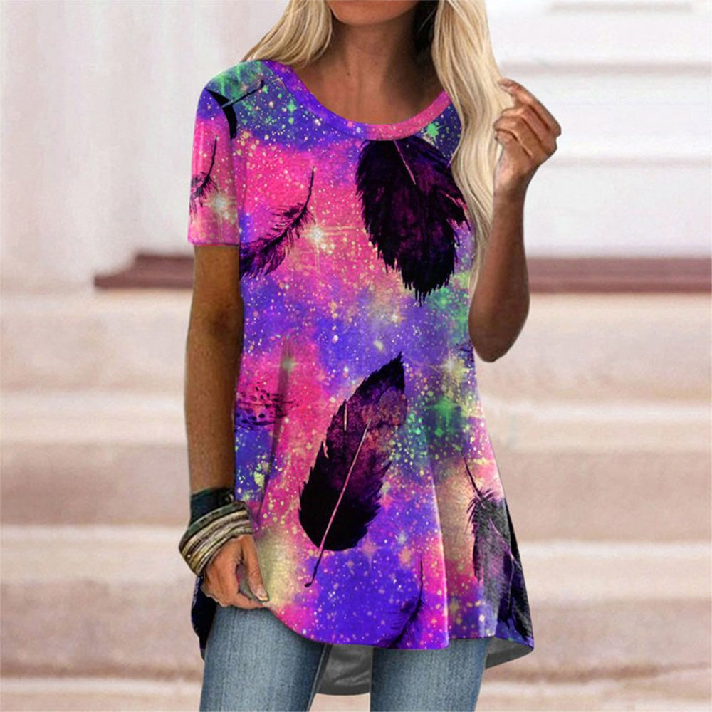 JuliaFashion - 2024 Womens Fashion Abstract Print Short Sleeves Round Neck T-Shirts Tops