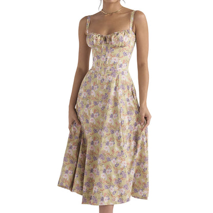 JuliaFashion - 2024 Vintage Floral Print A-line Midi Dress