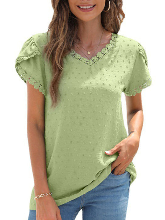 JuliaFashion - 2024 Womens Petal Short Sleeve Solid Chiffon Shirt V-neck Tops with Lace