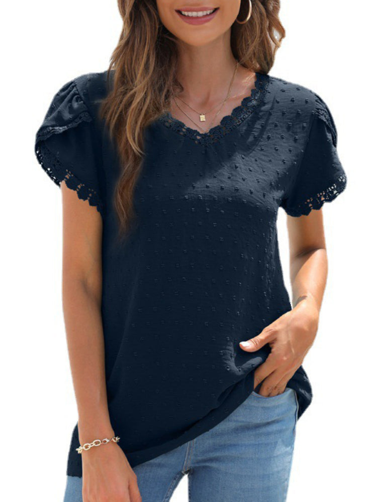 JuliaFashion - 2024 Womens Petal Short Sleeve Solid Chiffon Shirt V-neck Tops with Lace