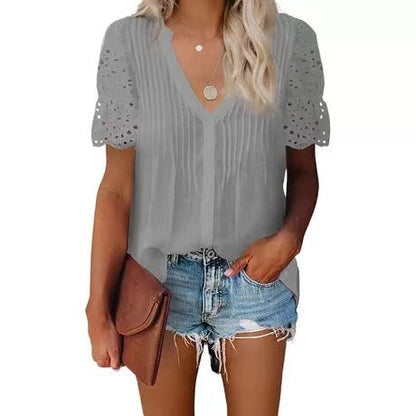 JuliaFashion - 2024 Women Casual Loose V-neck Pleated Lace Stitch Short-Sleeved Top