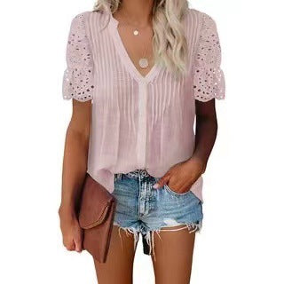 JuliaFashion - 2024 Women Casual Loose V-neck Pleated Lace Stitch Short-Sleeved Top