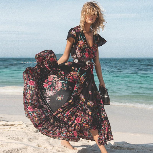 JuliaFashion-Gypsy Style Black Beach Maxi Dress
