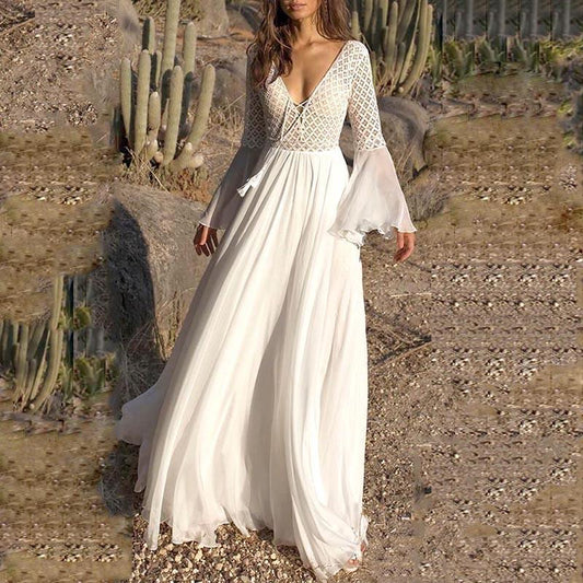 JuliaFashion-Long Flare Sleeve V-Neck White Hollow Lace Maxi Dress