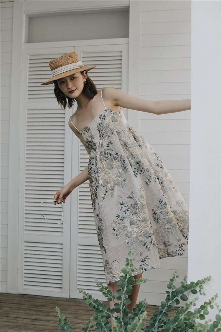 JuliaFashion-Bohemian Beige Floral Midi Dress