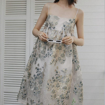 JuliaFashion-Bohemian Beige Floral Midi Dress